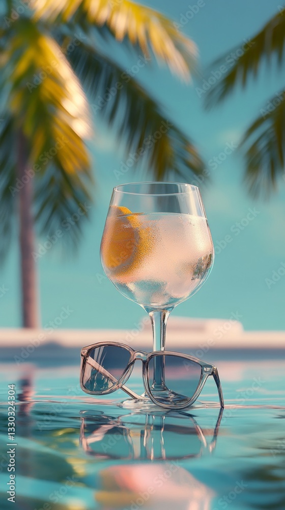 Refreshing cocktails by the pool with sunglasses and palm trees in a tropical paradise setting