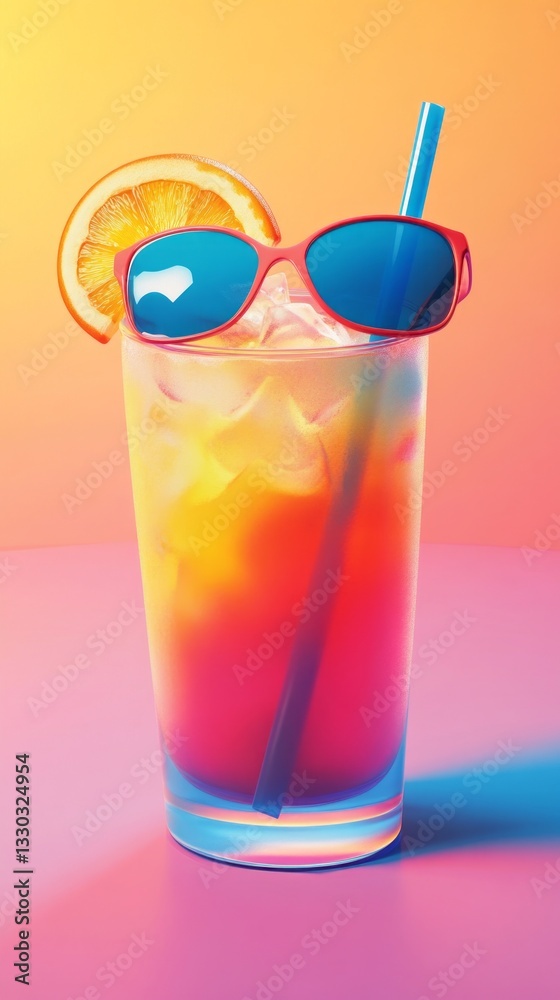Colorful summer cocktail with vibrant layers and sunglasses on a table in a playful setting