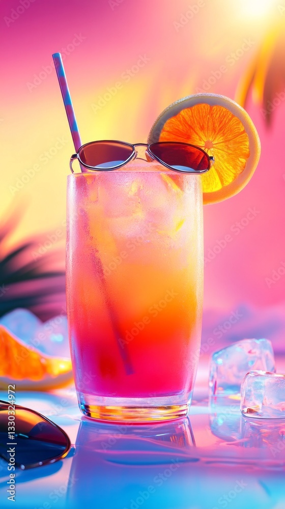 Refreshing tropical drink with vibrant colors and summer vibes against a sunset backdrop
