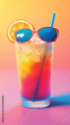 Obraz na płótnie Colorful summer cocktail with vibrant layers and sunglasses on a table in a playful setting w salonie
