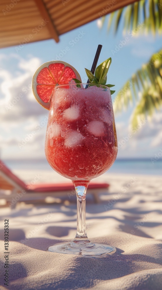Refreshing tropical cocktail on a sandy beach during sunset