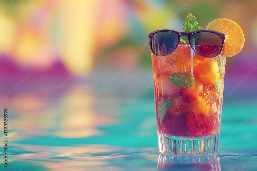 Refreshing summer drink with sunglasses by the poolside at sunset, perfect for relaxation and enjoyment