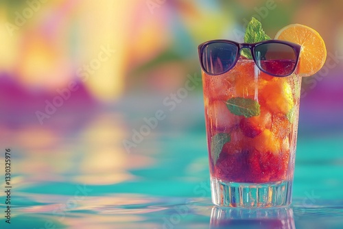 Obraz na płótnie Refreshing summer drink with sunglasses by the poolside at sunset, perfect for relaxation and enjoyment w salonie
