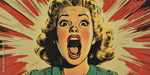 A comic book scene from the 1950s featuring a blonde woman screaming