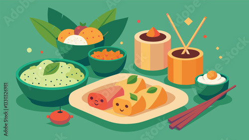 A vegetarianfriendly option with tofu and vegetable summer rolls vegetable fried rice balls and veggie potstickers.. Vector illustration