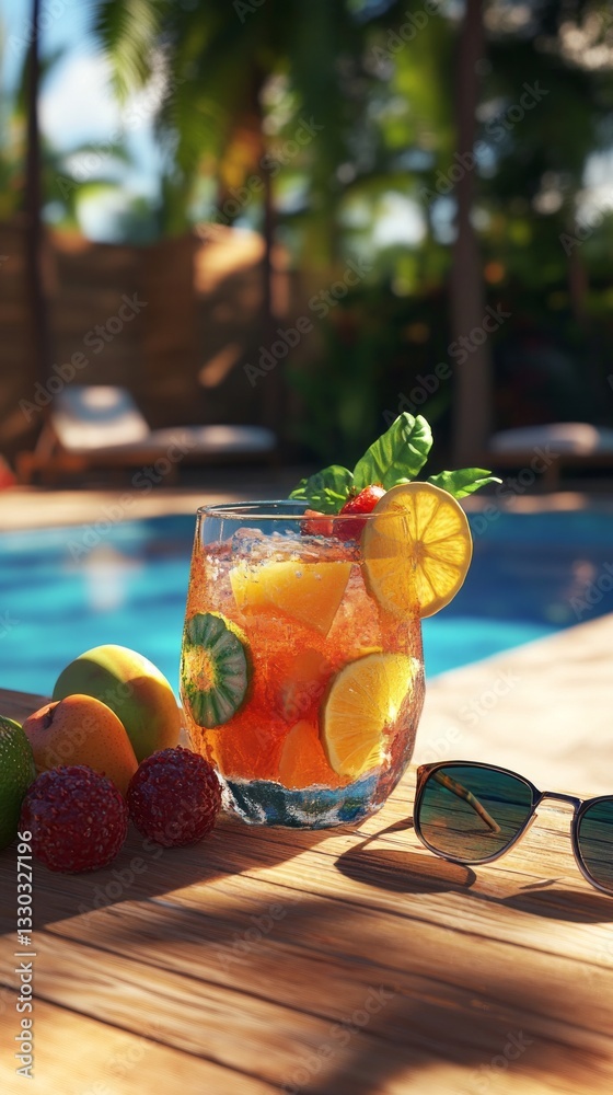 Refreshing fruity drink by the poolside with vibrant tropical fruits and sunglasses in the sun