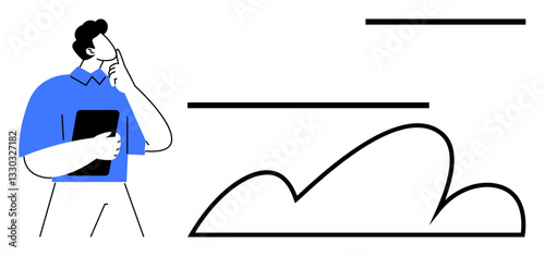 Male figure holding tablet, contemplating abstract shapes, exploring ideas. Ideal for creativity, brainstorming, innovation, technology, problem-solving strategy and focus. Flat simple metaphor