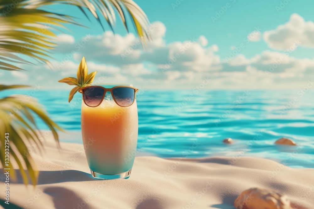 Refreshing tropical drink with sunglasses on a sandy beach under a clear blue sky
