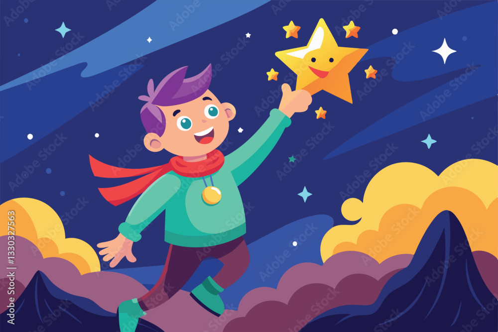 A cheerful child dressed in a green sweater and red scarf stretches out to touch a happy star in the night sky, To the stars Customizable Cartoon Illustration A cheerful child dressed in a green sweater and red scarf stretches out to touch a happy star in the night sky, To the stars Customizable Cartoon Illustration
