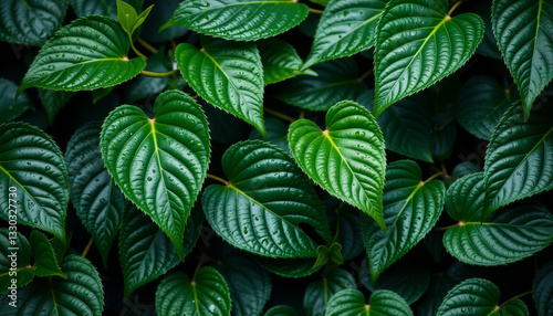 Emerald rain-soaked leaves in damp rainforest, nature's resilience