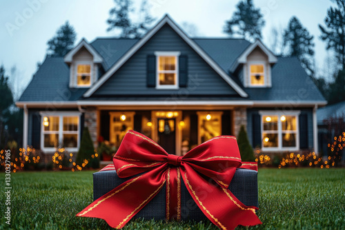Wrapped gift with red bow represents the concept of buying a new home for christmas