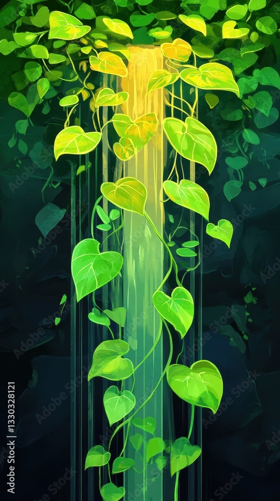 Obraz premium Green leafy vines hang in front of bright glowing illumination