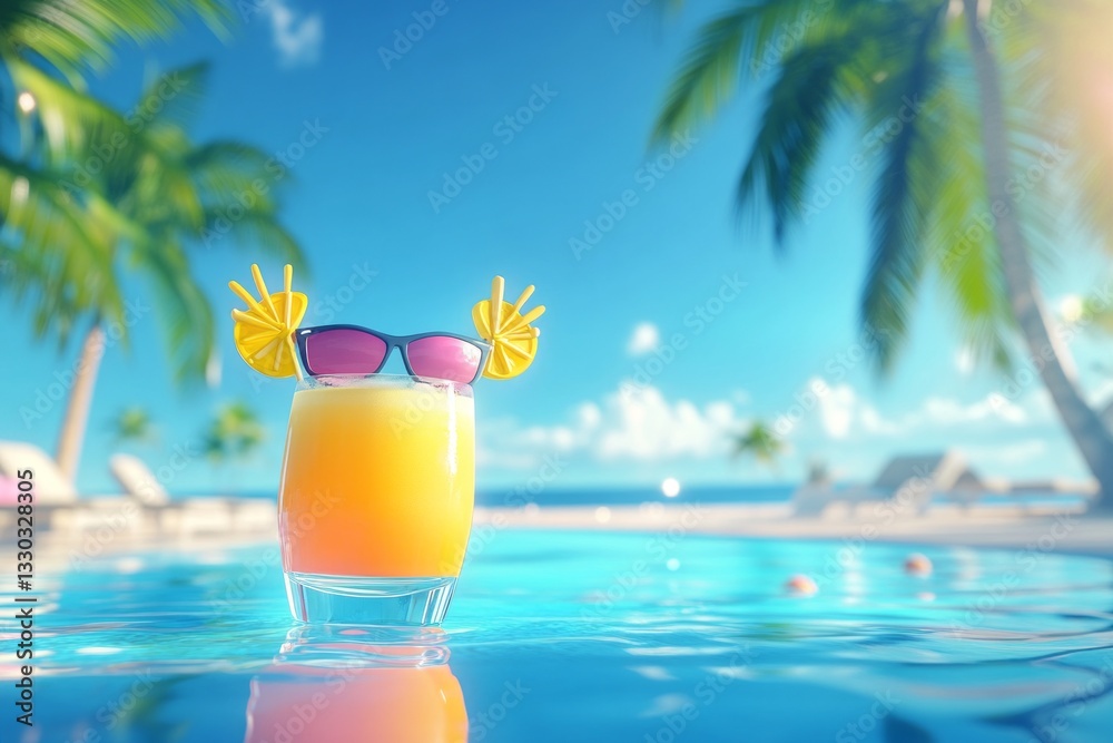 Refreshing tropical drink waits by the pool under bright blue skies at midday
