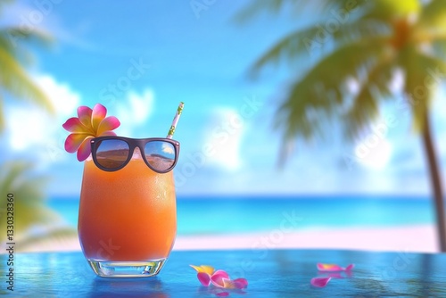 Obraz na płótnie Refreshing tropical cocktail with sunglasses and flowers on a beachside table during a sunny day w salonie
