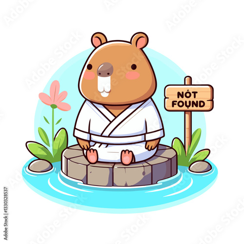 Adorable cartoon beaver relaxing in a bathrobe on a stone in karate outfit with "Not Found" sign in pond vector illustration. Perfect for martial arts websites and meditation app error pages.