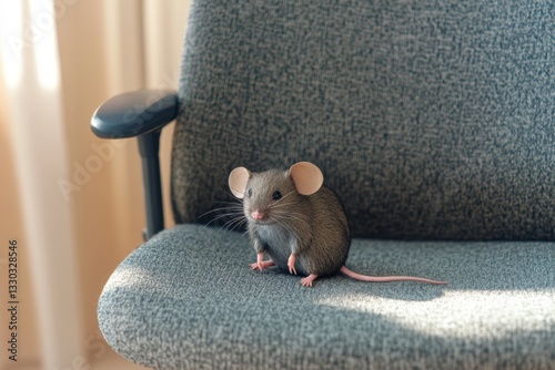 A realistic fake mouse is placed on a coworker's chair in an office environment, adding a playful and harmless element to the workplace. The prank invites laughter and amusement among colleagues