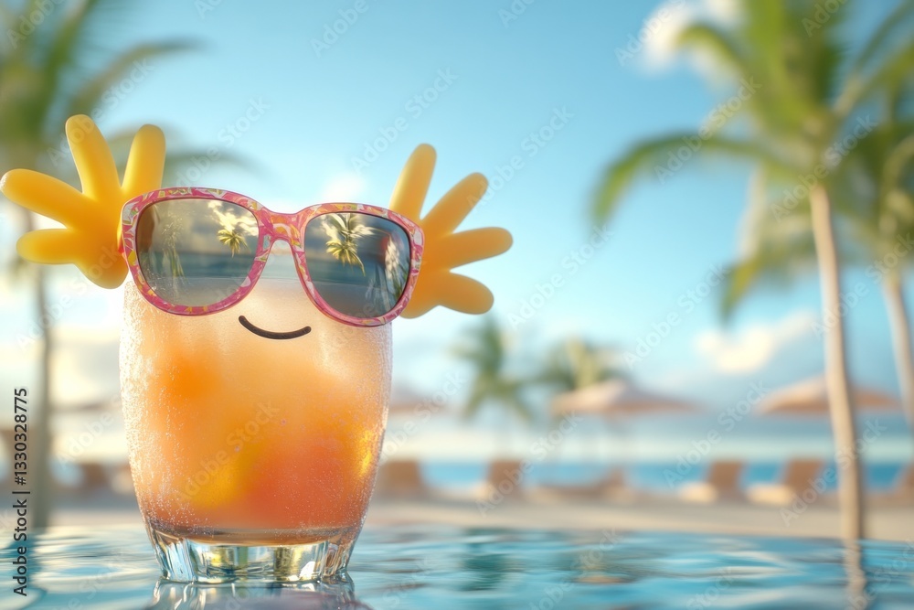 Bright cocktail with sunglasses on beachside table during sunny day