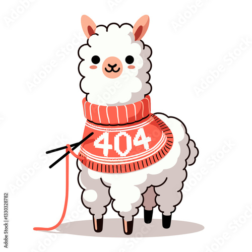 Knitting alpaca with 404 scarf in crafty vector illustration. Perfect for handmade marketplaces and DIY website error pages.