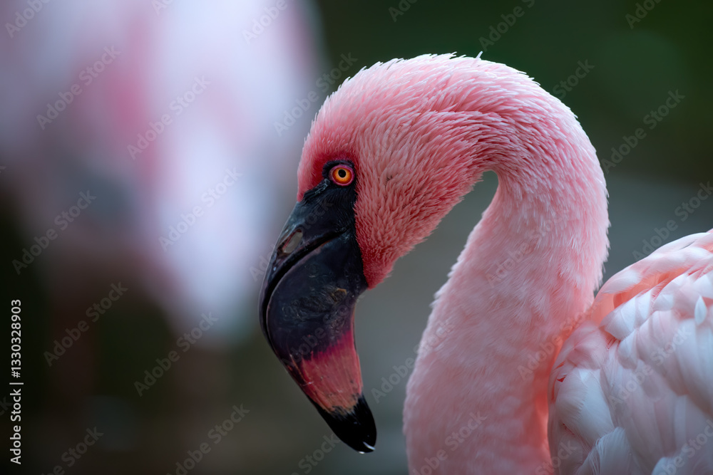 Fototapeta premium A close-up portrait of a greater flamingo (Phoenicopterus roseus) with vibrant pink plumage and a striking red eye. Ideal for: wildlife photography, birdwatching, and nature conservation themes.