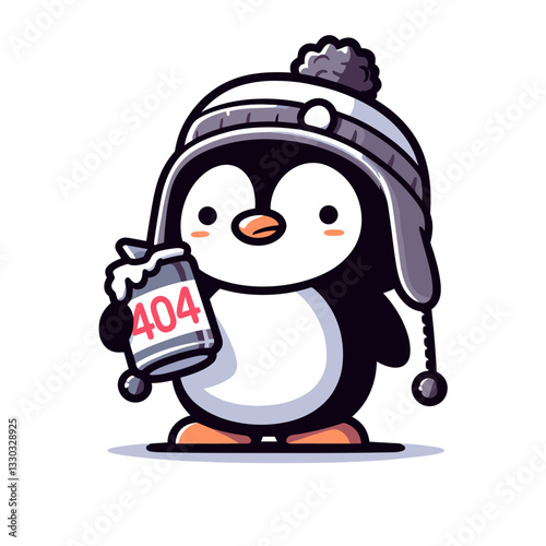 Winter penguin with 404 phone in cozy vector illustration. Ideal for mobile app error pages and telecommunication website notifications.