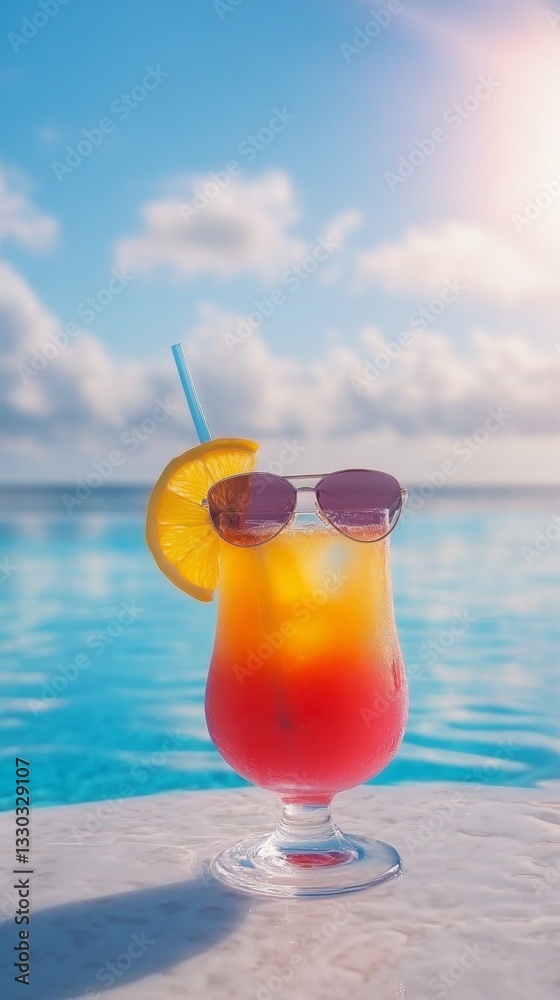 Refreshing tropical drink sits by the poolside under the sunny sky, showcasing vibrant colors and a relaxing vibe