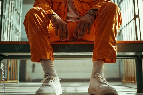 Criminal in orange attire seated in prison facility during daylight hours