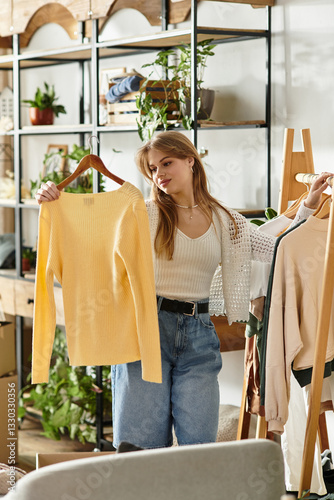 Young woman embraces sustainability by sorting and donating her clothing thoughtfully