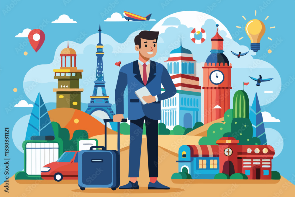 A travel company manager stands confidently with a suitcase, ready to assist tourists in a lively city, Touristic service with travel company manager A travel company manager stands confidently with a suitcase, ready to assist tourists in a lively city, Touristic service with travel company manager