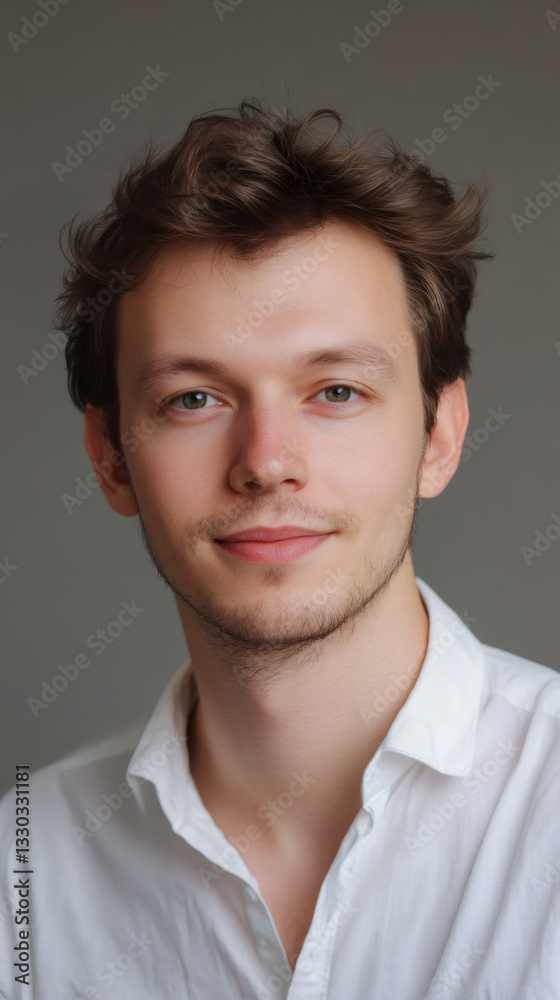 Fototapeta premium Professional businesswoman with brown hair standing confidently in office setting