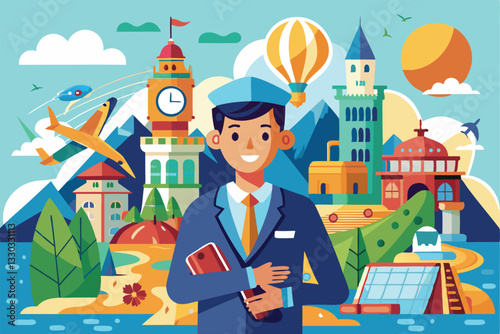 A cheerful tour guide poses confidently among iconic landmarks and travel destinations in a picturesque setting, Touristic service with travel company manager