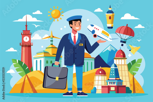 A travel company manager stands confidently with a briefcase, showcasing touristic attractions and activities, Touristic service with travel company manager