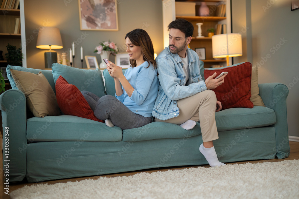 Obraz premium Indifference in relationships. Spouses using cellphones sitting back-to-back on bed, ignoring one another, above view