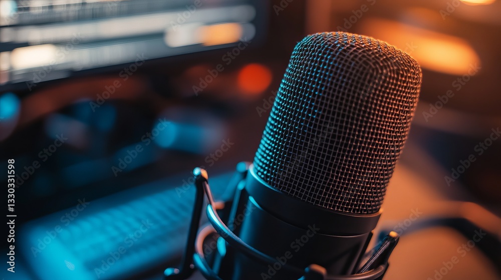 Closeup of a professional podcast microphone resting on a desk in a recording ready podcasting home studio. Selective focus of podcast equipment in empty room, ready to be used for online streaming Closeup of a professional podcast microphone resting on a desk in a recording ready podcasting home studio. Selective focus of podcast equipment in empty room, ready to be used for online streaming