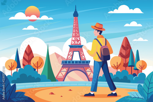 A traveler walks toward the Eiffel Tower, enjoying the vibrant colors of a sunny day in Paris, Tourist near Eiffel Tower, sight, Travel and tourism,