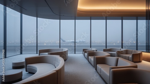 A modern airport lounge with curved seating in soft, neutral tones like beige and gray, arranged in front of large windows with a view of the fog-filled runway photo
