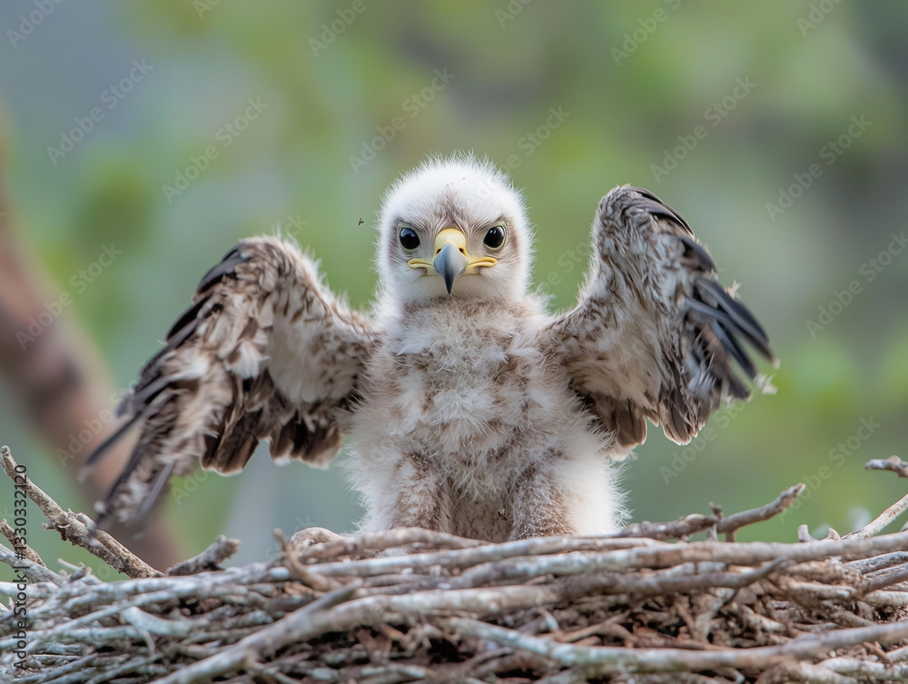 Obraz premium Fluffy baby eagle chick sitting in a nest flapping its wings