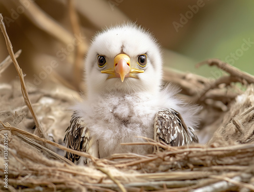 Fluffy baby eagle chick sitting in a nest flapping its wings