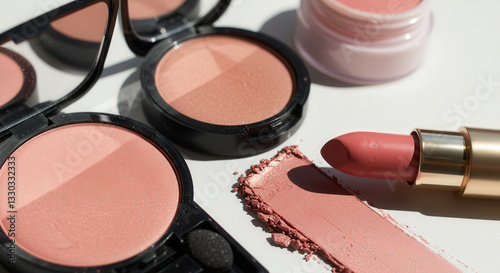 Soft pastel makeup products arranged on a light surface
