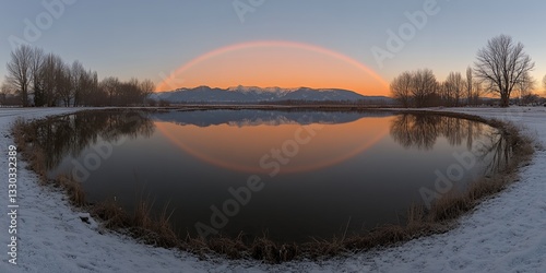 Stunning Winter Sunset Reflection Peaceful Lake Mountains sky snow calm pink cold view