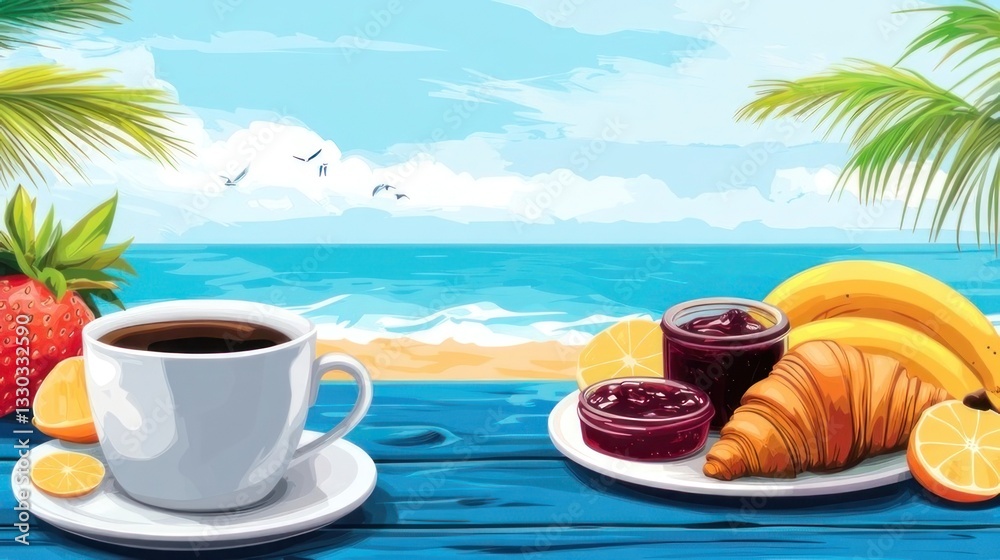 Fototapeta premium Tropical beach breakfast scene with coffee, croissants, fruit, and jam