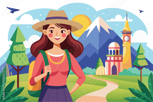 A cheerful woman smiles while hiking on a picturesque trail surrounded by mountains and a clock tower, Tourist woman