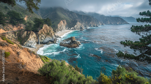 Stunning coastal landscape dramatic cliffs ocean waterfall scenic view sea sky blue rocks beach waves photo