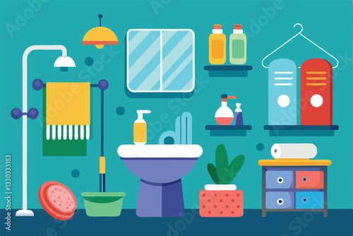 The bathroom features a washbasin with soap, colorful towels, and neatly arranged toiletries on shelves, Towels, sponge and soap, Washbasin, toilet, shower stall and wardrobe