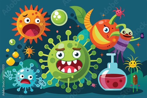This vibrant illustration features a variety of cartoon toxins and viruses with a laboratory backdrop, Toxins and viruses, Cartoon flat vector illustration isolated