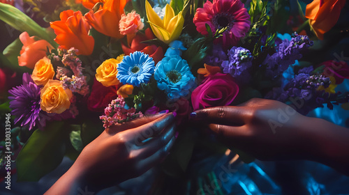 Close-up of hands carefully arranging flowers in a vase to create a vibrant centerpiece