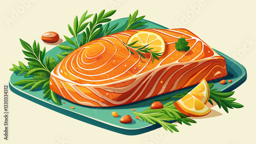 Close-up of a perfectly cooked piece of salmon with a honey glaze and fresh herbs.