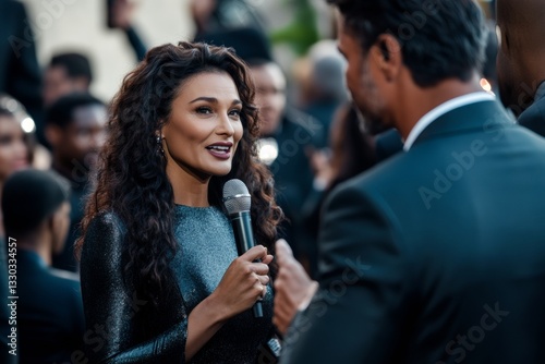 A journalist engages a celebrity at a film premiere, microphone in hand, asking insightful questions as the excitement of the evening unfolds around them