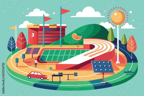 A vibrant track and field layout featuring a stadium, green hills, and sunny skies ideal for competitions, Track and field Customizable Flat Illustration