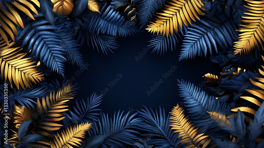 Gold and blue tropical leaves frame. Gold and blue tropical leaves frame.