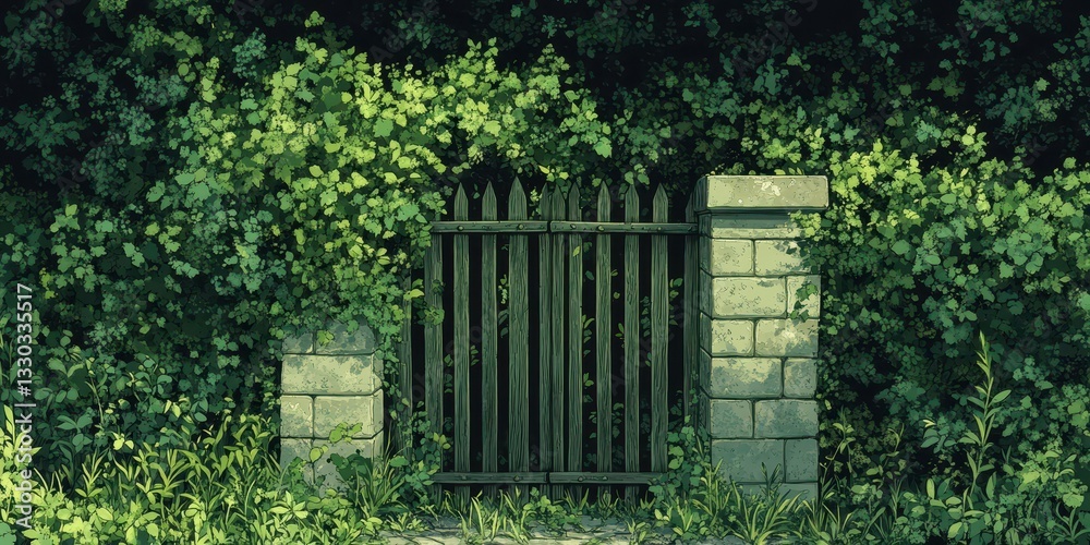 A wooden gate framed by lush overgrown bushes in daylight A wooden gate framed by lush overgrown bushes in daylight